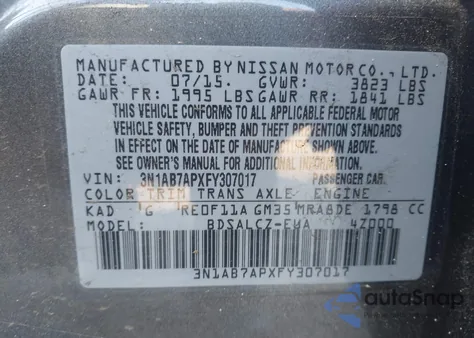 2015 Nissan Sentra S из США, поврежденный, VIN 3N1AB7APXFY307017